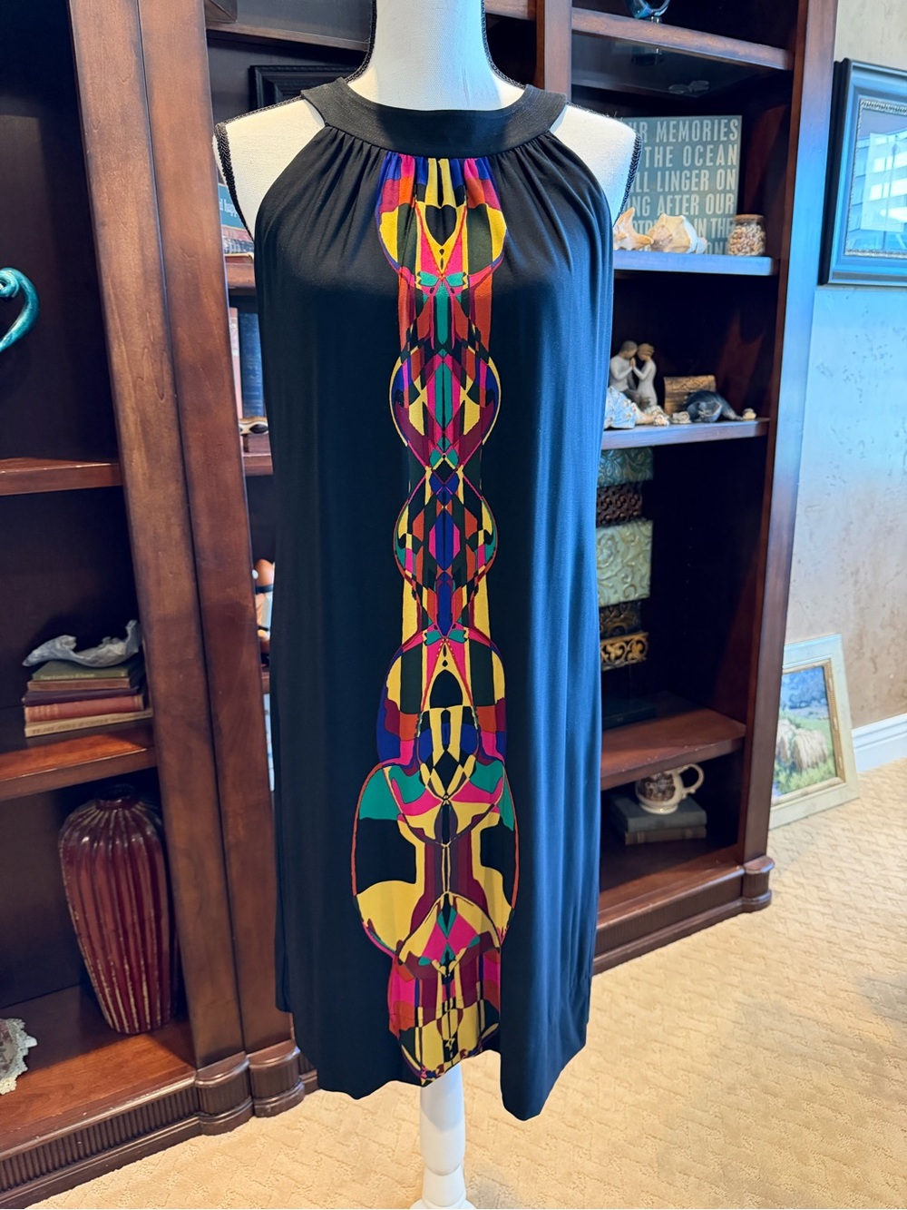 Just…Taylor Elegant Sleeveless Shift Dress Black w/ Abstract Print Size 8